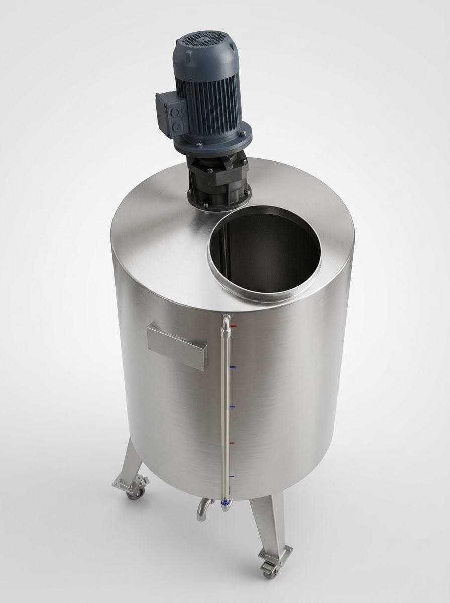 Stainless-steel process tank with top-mounted motor, seen from above